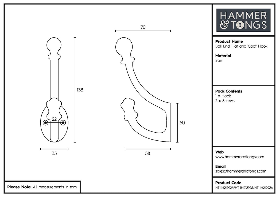 image 1 of Hammer & Tongs Ball End Hat & Coat Hook - W35mm x H135mm - Black