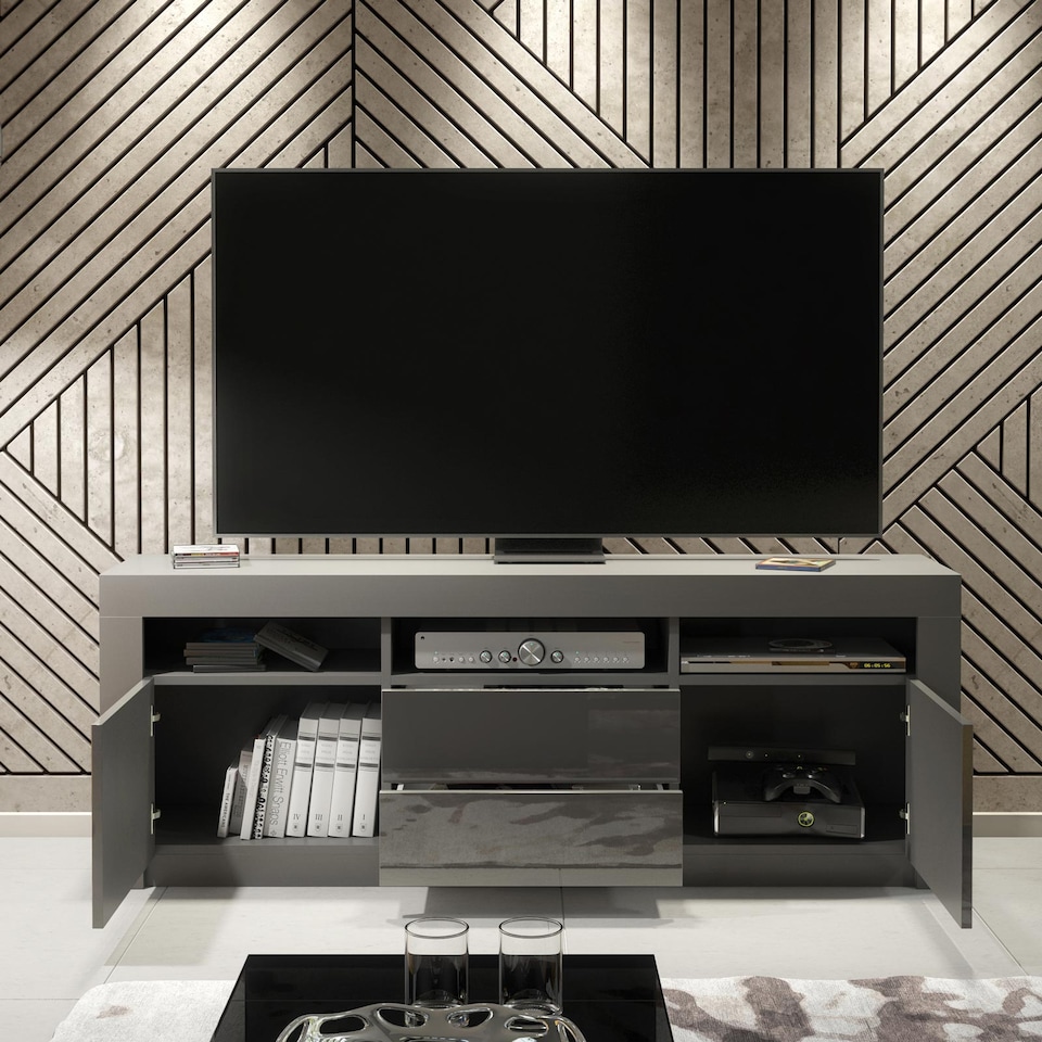 image 1 of TV Unit TV Stand Media Cabinet Sideboard Grey High Gloss Storage 160cm