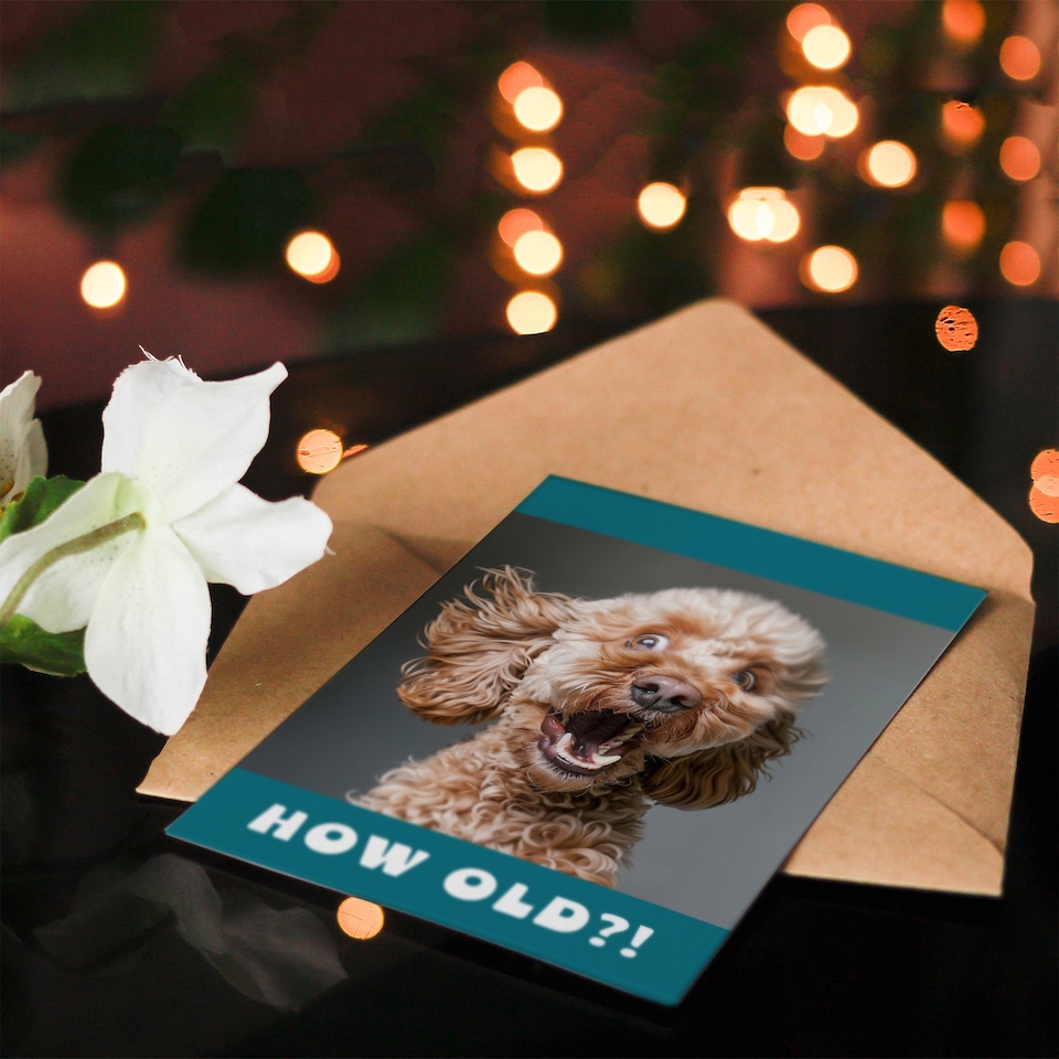image 1 of Birthday Card Surprised Cockapoo Dog Photo How Old Funny Joke Cheeky