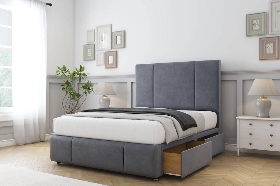 image 1 of Sloomy Lisbon Steel Plush Divan Bed Base 2 Drawers Foot-End With 54 Inch Floor Standing Headboard & 12 Inch Matching Footboard | Grey | Steel | Double | 1