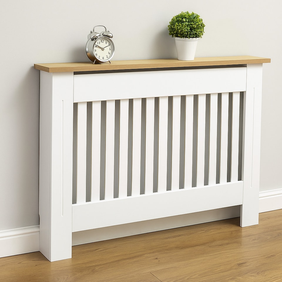 image 1 of Gr8 Home Arlington Radiator Cover White Modern Shelf Cabinet Wooden Slat Grill Furniture