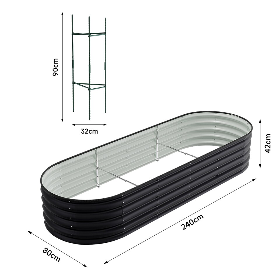 image 1 of Living and Home 2.4m Gardens Bed Oval-Shaped Galvanized Steel Garden Planter With Plant Support Trellis, Black | Black | 240cm W x 80cm D x 42cm H