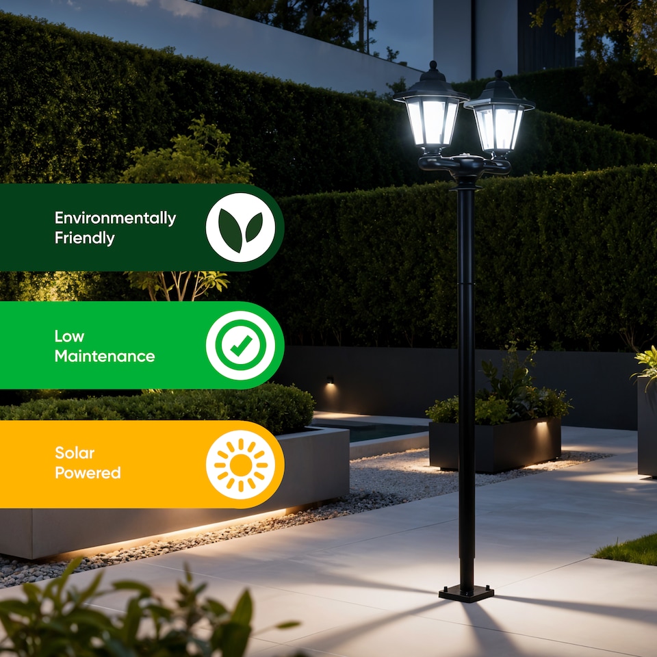 image 1 of Gardenwize Solar Double Head Garden Post Light LED 3 in 1
