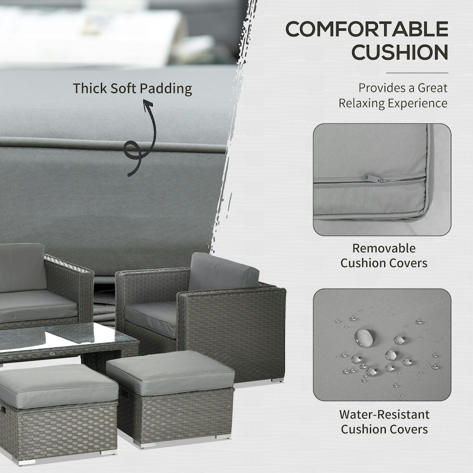 image 1 of Outsunny 6pc Garden Furniture Set Rattan Sofa Outdoor Wicker Table Ottoman Stool