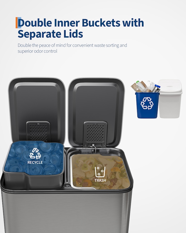 image 1 of London Boutique 2x30L Pedal Rubbish Bin w/ Soft Close Open Lid & Removable Inner Buckets (W)47cm (D)37cm (H)67cm - Silver