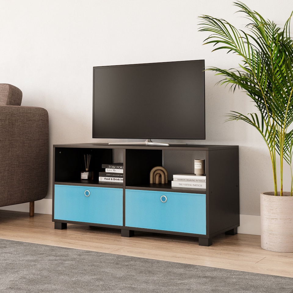 image 1 of Black TV Stand with 2 Drawers | Black | Black & Sky Blue | 1