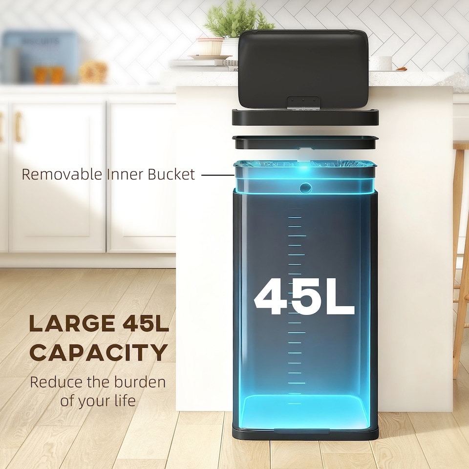 image 1 of HOMCOM 45L Sensor Bin, Metal Kitchen Bin with Automatic Soft Close Lid and Fingerprint-Proof for Recycling and Waste, Black | Black | Black