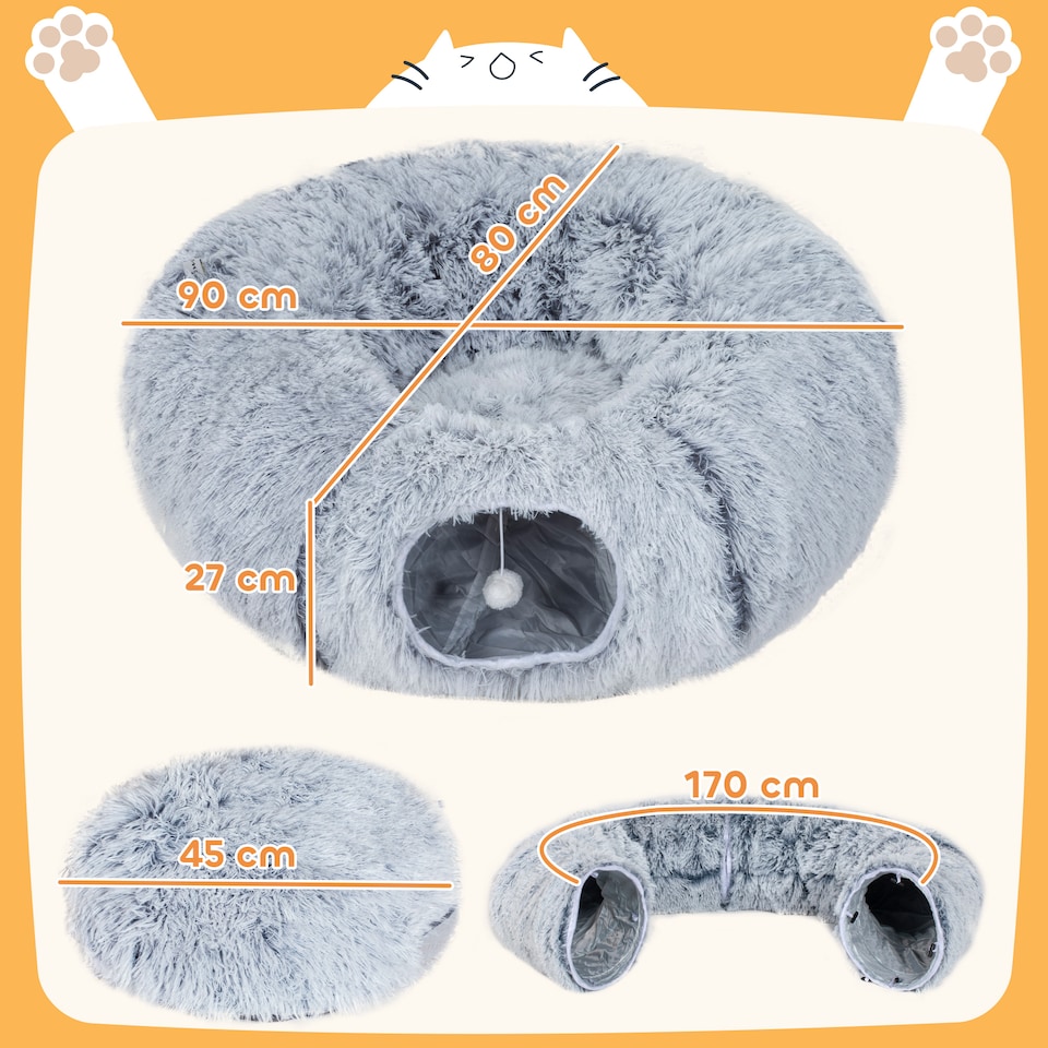 image 1 of PawHut Cat Tunnel for Indoor Cats, 90cm Large Donut Play Tunnel Bed with Washable Cushion, Toy Ball and Door Hole, Pet Play Rabbit Tube Toy, Light Grey