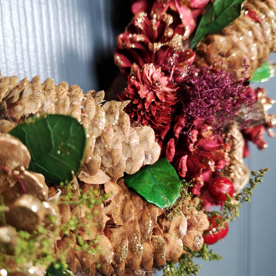 image 1 of 36cm Christmas Wreath in Gold & Red with Pine Cones and Berries