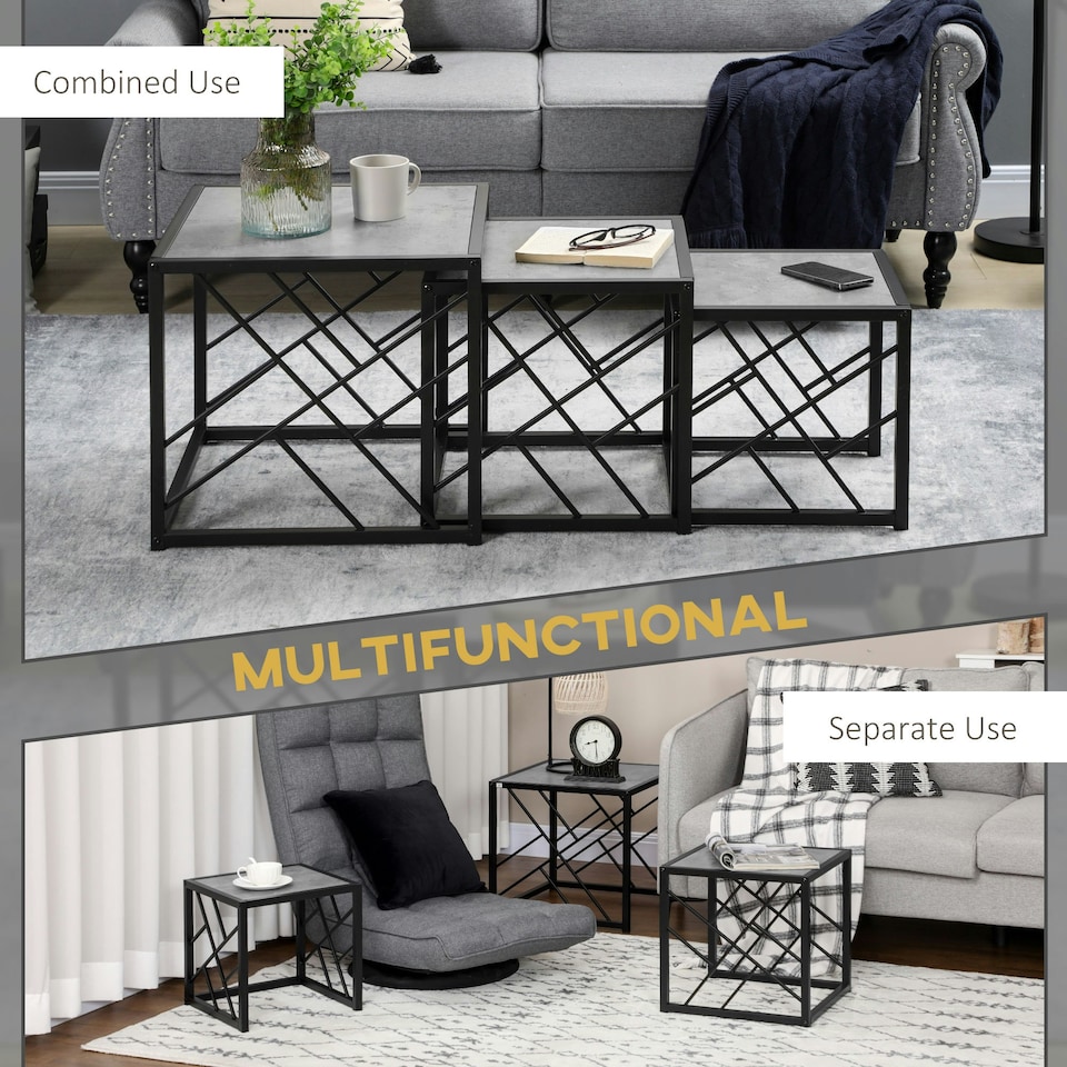 image 1 of HOMCOM Set of 3 Nesting Coffee Tables Square End Tables w/ Metal Frame, Grey Grey