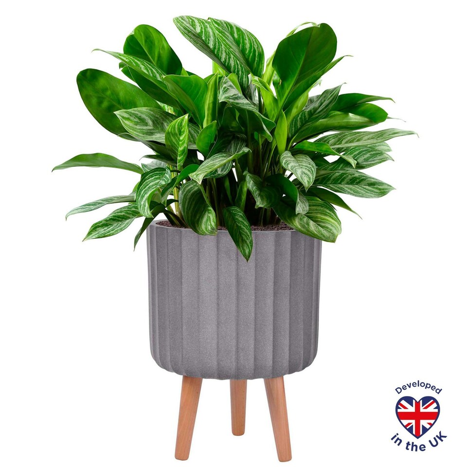image 1 of Modern Ribbed Taupe Cylinder Planter on Legs, Round Pot Plant Stand Indoor D24 H32 cm, 7.6 ltrs Cap.