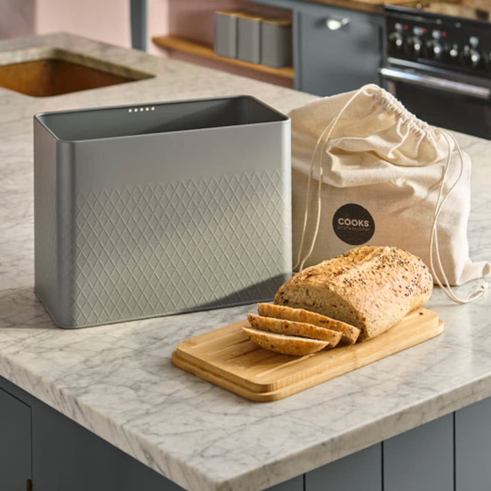 image 1 of Cooks Professional Diamond Pattern Bread Bin with Linen Bag & Bamboo Cutting Board Lid | Grey | Dark Grey | 1