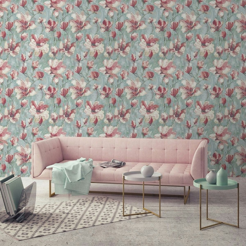 image 1 of Grandeco Camilla Floral Vinyl Wallpaper - Pink/Teal - 10m x 53cm Pink