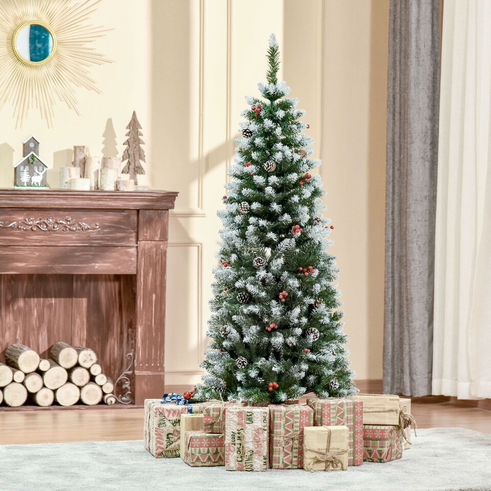 image 1 of HOMCOM 5FT Artificial Christmas Tree mas Pencil Tree with Red Berries and Pinecones Holiday Home Indoor Decoration with Foldable Feet, Green