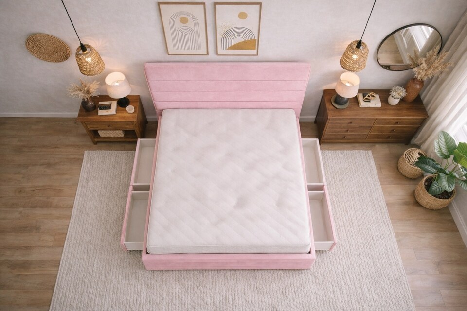 image 1 of Divan Bed Set Headboard and Footboard with Mattress 6ft Superking Pink Suede Storage 4 Drawers