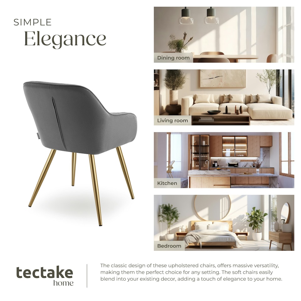 image 1 of Dining Chair Marilyn - corduroy look, upholstered, armchair, continuous backrest - Set of 4 Grey | Grey/Gold