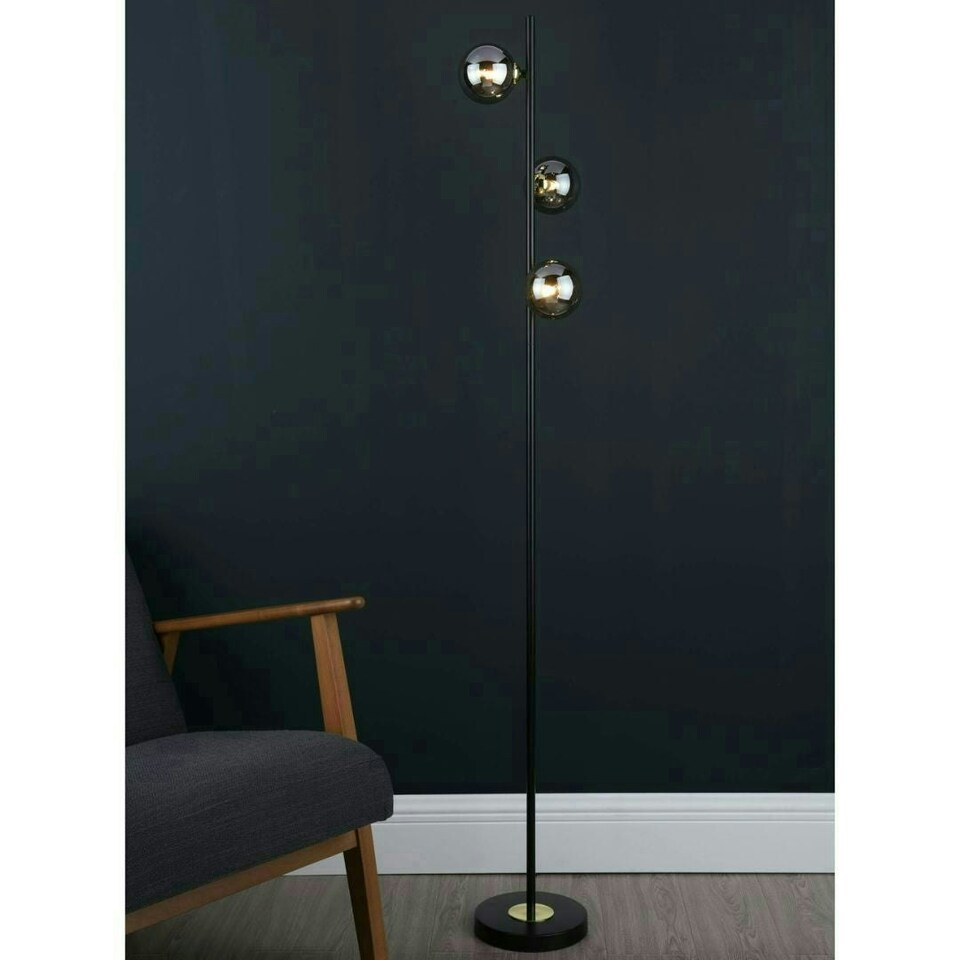 image 1 of Eaen 3 Light Black and Gold Floor Lamp with Smoked Glass