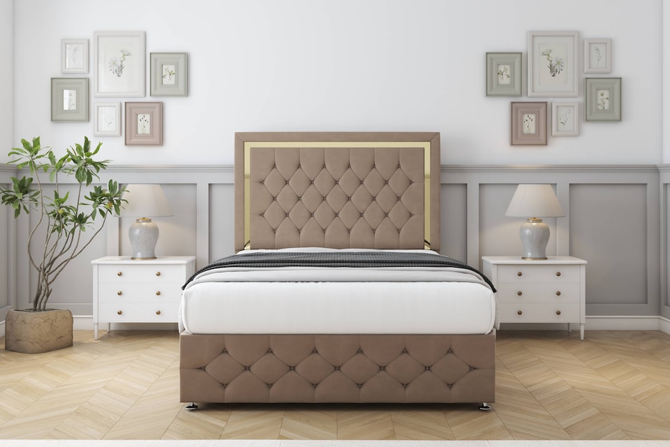 image 1 of Sloomy Sofia Gold Mink Plush Divan Bed With Mattress 2 Drawers Left Side With 26" Strutted Headboard & 12" Matching Footboard 4' Small Double | Brown | Mink | Small Double | 1