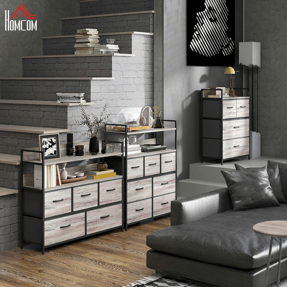 image 1 of HOMCOM Bedroom Chest of Drawers 7 Drawer Dresser w/ Shelves, Grey Wood Effect