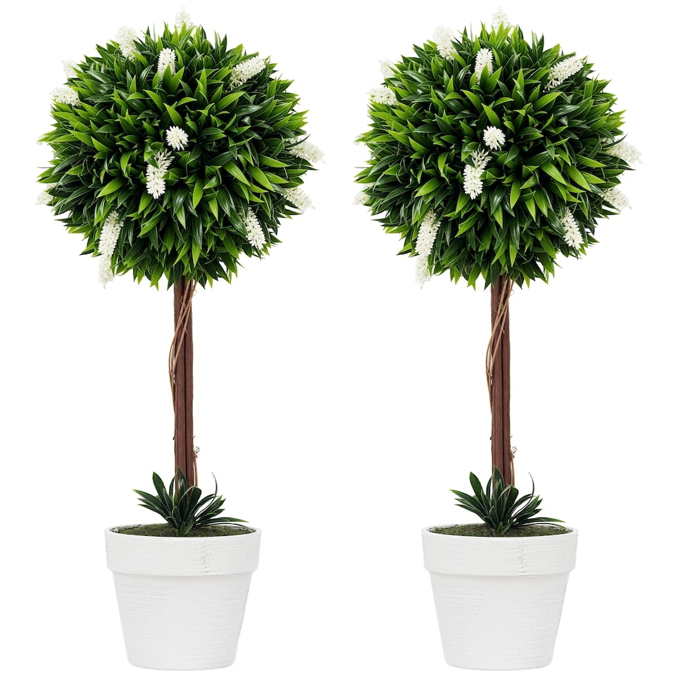 image 1 of HOMCOM Set of 2 Decorative Artificial Plants Ball Trees with Lavender Flowers in Pot Fake Plants for Home Indoor Outdoor Decor, 60cm, White