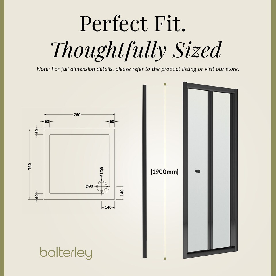 image 1 of Ruwa Square Bi-Fold & 4mm Glass 760x760mm Tray Door Side Panel Black | Black | Matt Black | 3