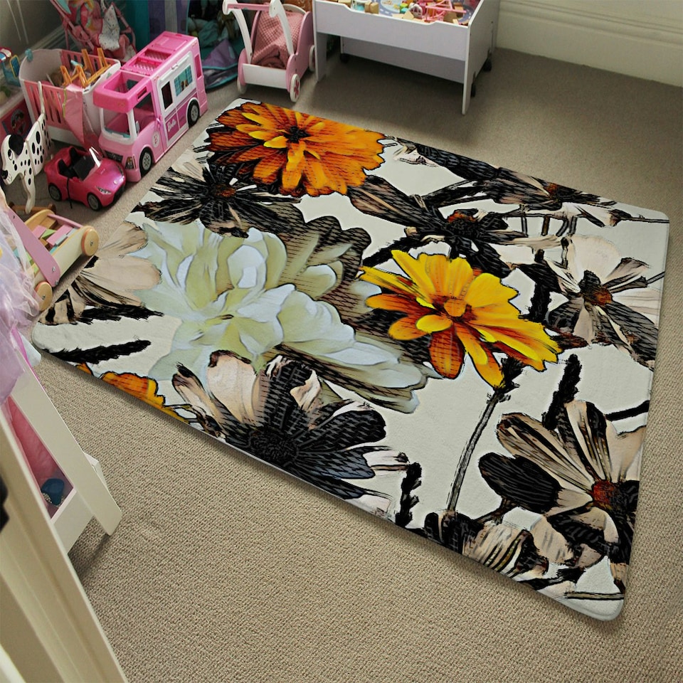 image 1 of Orange Flower Print (Rug) Orange | Small: 60x110cm