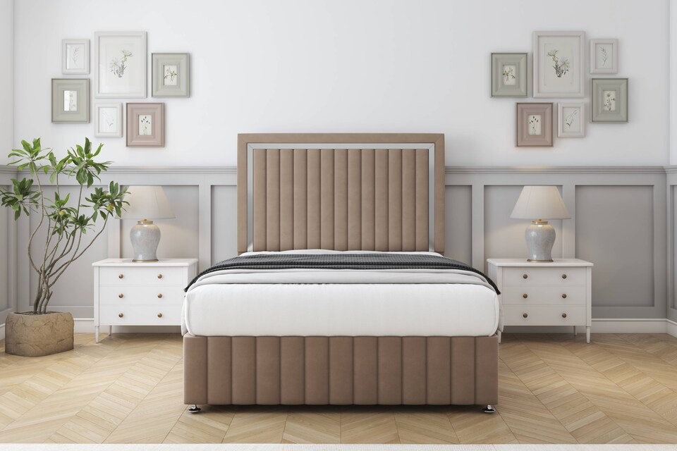 image 1 of Sloomy Boston Chrome Mink Plush Divan Bed Base 2 Drawers Left Side With 54 Inch Floor Standing Headboard & 12 Inch Matching Footboard | Brown | Mink | Super King | 1