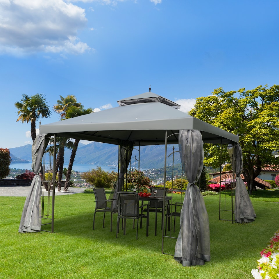 image 1 of Outsunny 3Mx3M Garden Gazebo Double Top Outdoor Canopy Patio Event Party Wedding Tent Backyard Sun Shade with Netting  Grey