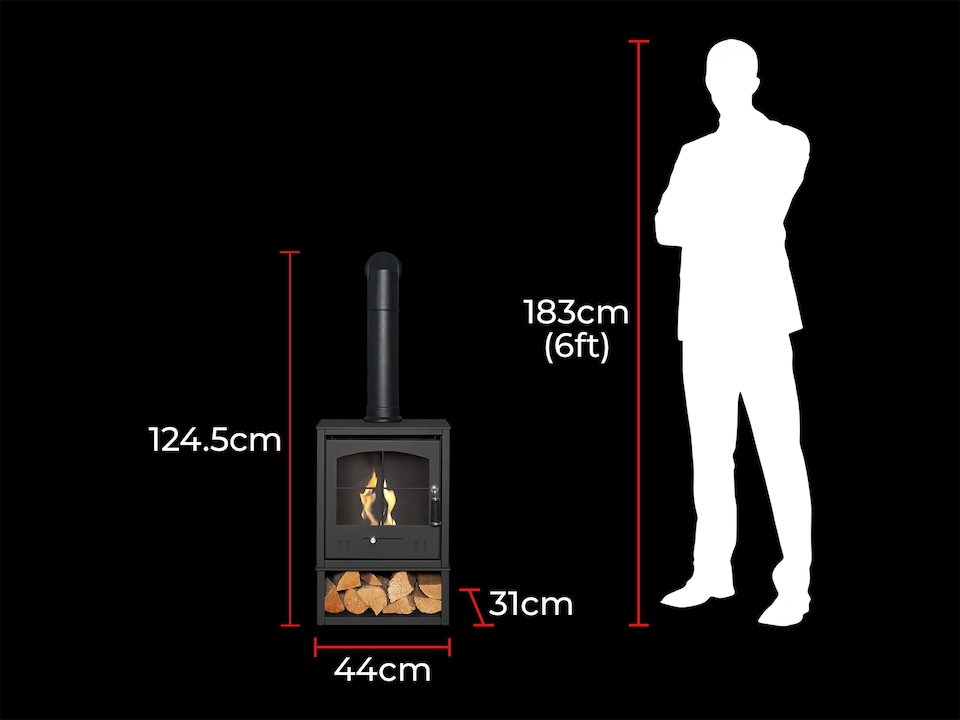 image 1 of OKO S2 Bio Ethanol Stove with Log Storage in Charcoal Grey with Tall Angled Stove Pipe