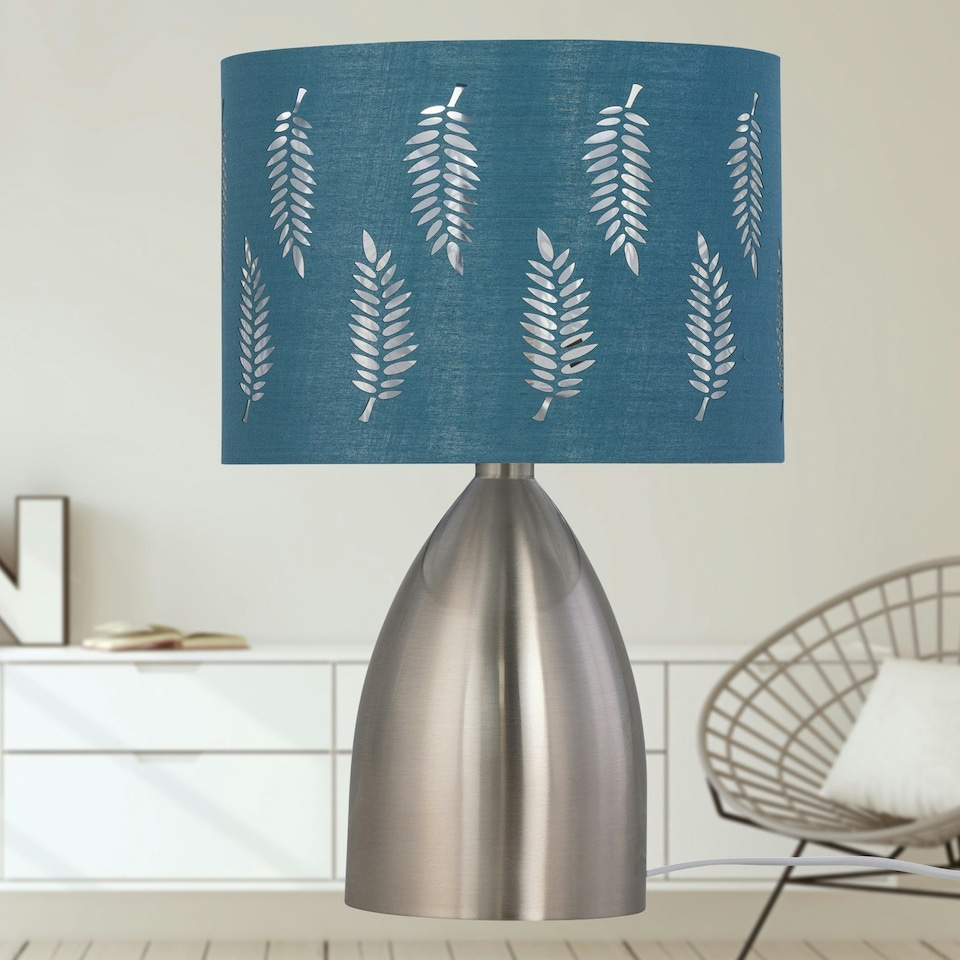 image 1 of First Choice Lighting Valentina Brushed Chrome Touch Lamp with Teal Fern Shade Silver | Green