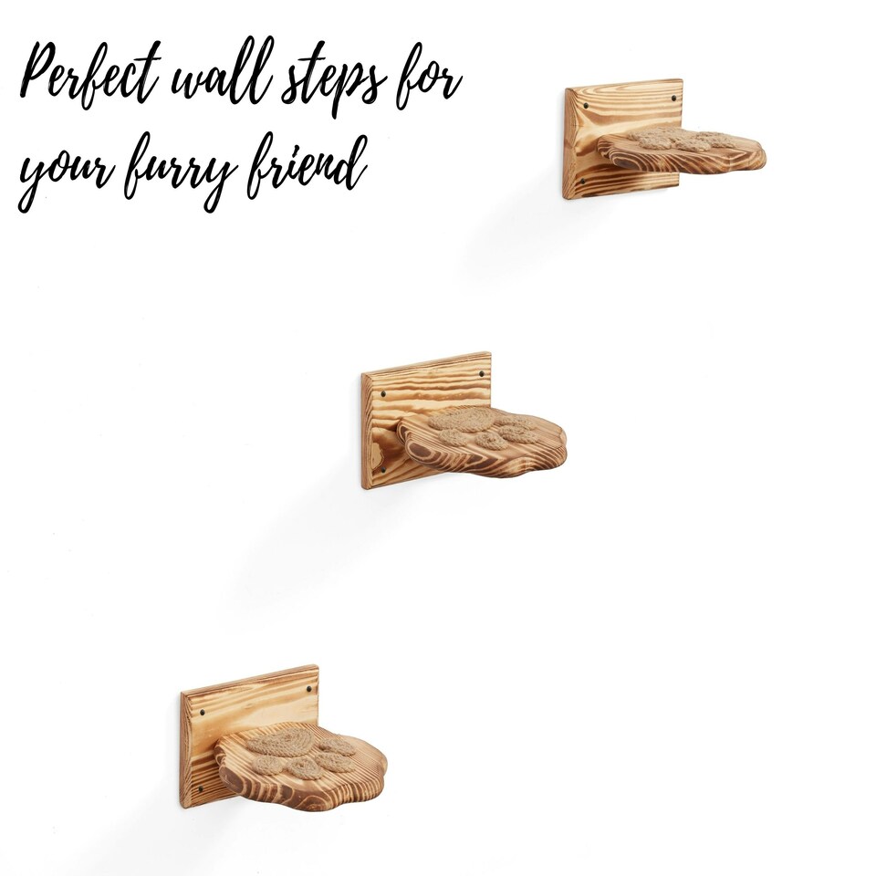image 1 of NOVECRAFTO Paw Design Cat Wall Steps – Set of Solid Wood Wall-Mounted Shelves & Bridge Steps – Durable Cat Wall Furniture for Climbing & Play