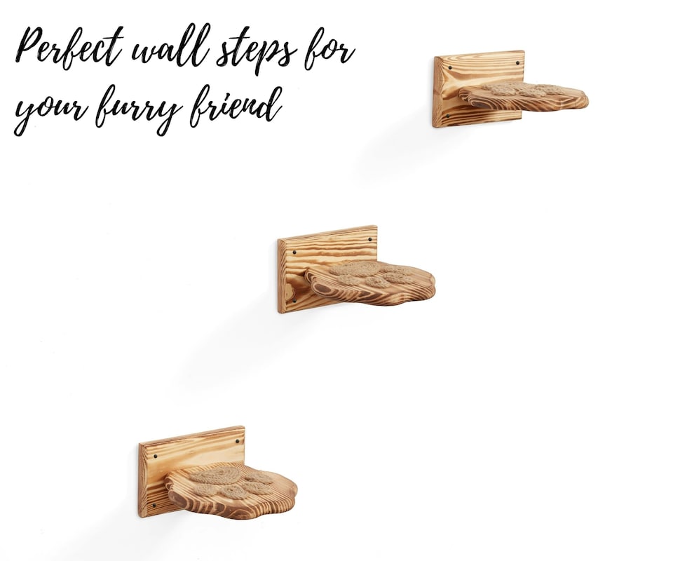 image 1 of NOVECRAFTO Paw Design Cat Wall Steps – Set of Solid Wood Wall-Mounted Shelves & Bridge Steps – Durable Cat Wall Furniture for Climbing & Play