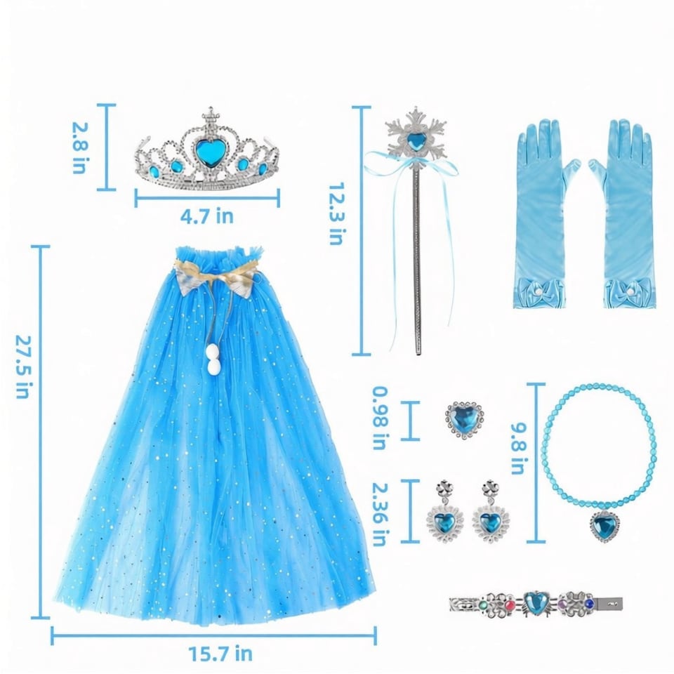 image 1 of Princess Dress-Up Costume Set for Girls - Sequin Dress Toy with Cape, Crown, Wand, Necklace, Ring, Gloves & Earrings - Magical Role Play Outfit for Birthdays, Parties, Halloween & Christmas Cosplay
