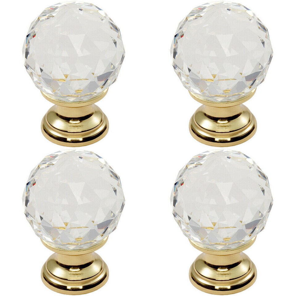 image 1 of 4x Faceted Crystal Cupboard Door Knob 31mm Dia Polished Brass Cabinet Handle