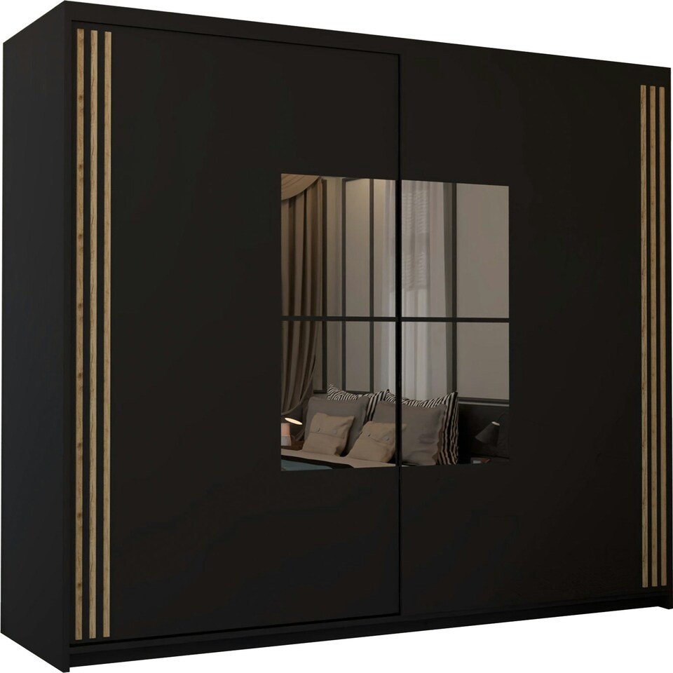 image 1 of Modern 150cm Sliding Wardrobe with Paneled Mirror Doors & Votan Strip | Adjustable Interior | White, Black, Grey, Oak Black | Black150cm