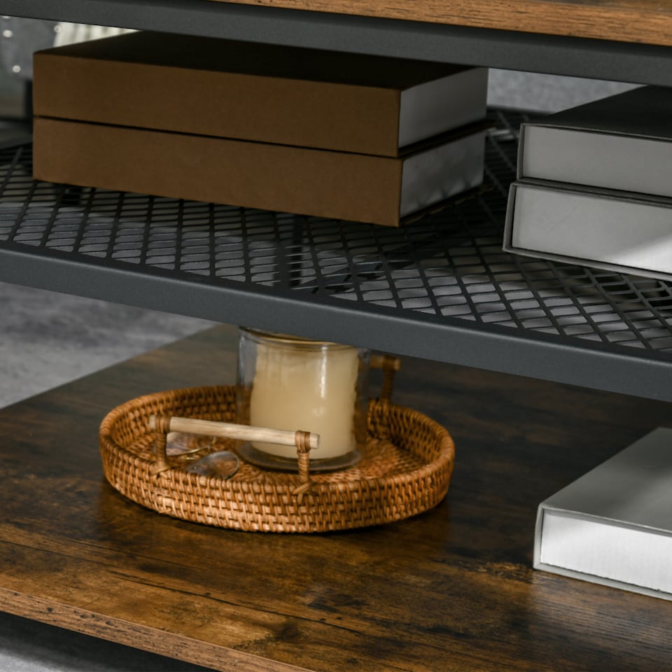 image 1 of HOMCOM Coffee Table, Living Room Table with 3-Tier Storage Shelves, Square Tea Table for Home Office, Rustic Brown | Brown