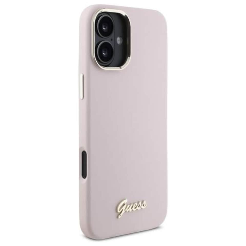 image 1 of Guess Script Metal Logo & Frame Silicone Case for iPhone 16 6.1 Pink - GUHCP16SSMBSLP