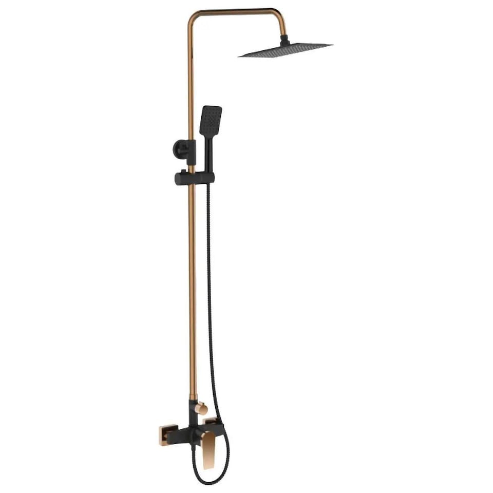 image 1 of Black/Rose Gold Brass Bathroom Shower Column Set Handshower Square Rainfall