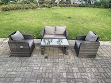 Fimous Dark Grey PE Wicker Rattan Garden Furniture Set Love Sofa Reclining Chair Outdoor Rectangular Coffee Table 4 Seater