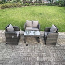 Fimous Dark Grey PE Wicker Rattan Garden Furniture Set Love Sofa Reclining Chair Outdoor Rectangular Coffee Table 4 Seater