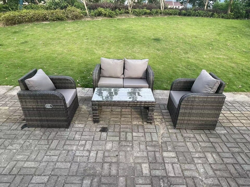 image 1 of Fimous Dark Grey PE Wicker Rattan Garden Furniture Set Love Sofa Reclining Chair Outdoor Rectangular Coffee Table 4 Seater