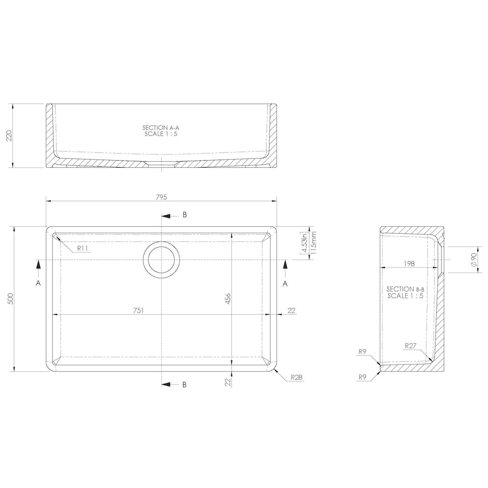 image 1 of 795mm - Fireclay Single Bowl Butler Kitchen Sink - No Overflow & No Tap Hole