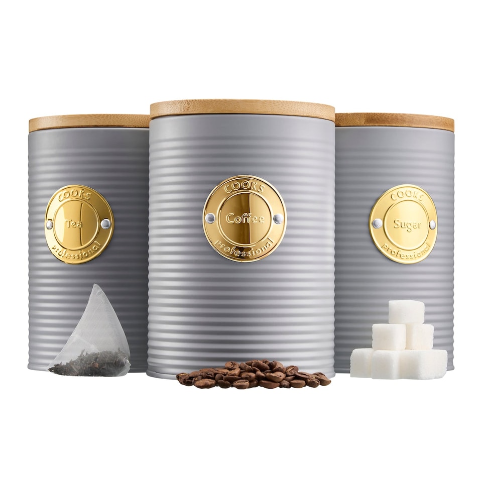 image 1 of Cooks Professional 3 Piece Ribbed Tea, Coffee, & Sugar Cannisters with Bamboo Lids | Grey | Grey & Gold