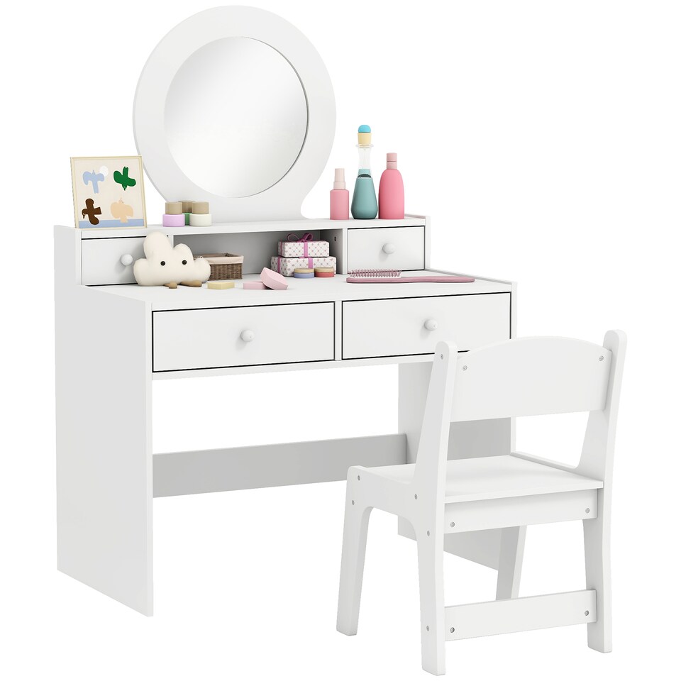 image 1 of AIYAPLAY Kids Dressing Table Set w Stool, Mirror, Drawers - White | White