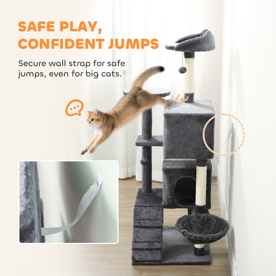 image 1 of 140cm PawHut Cat Tree with Sisal Scratching Posts, Cat Houses, Dark Grey