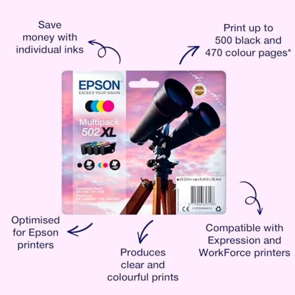 image 1 of Epson 502XL Binoculars Genuine High Yield Multipack, 4-colours Ink Cartridges