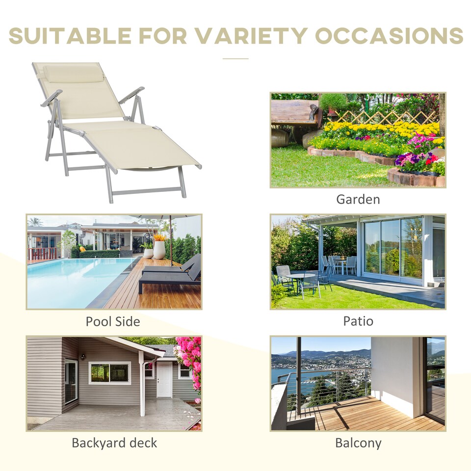 image 1 of Outsunny Steel Fabric Sun Lounger Outdoor Folding Chaise Lounge Chair Recliner with Portable Design & 7 Adjustable Backrest Positions - Beige