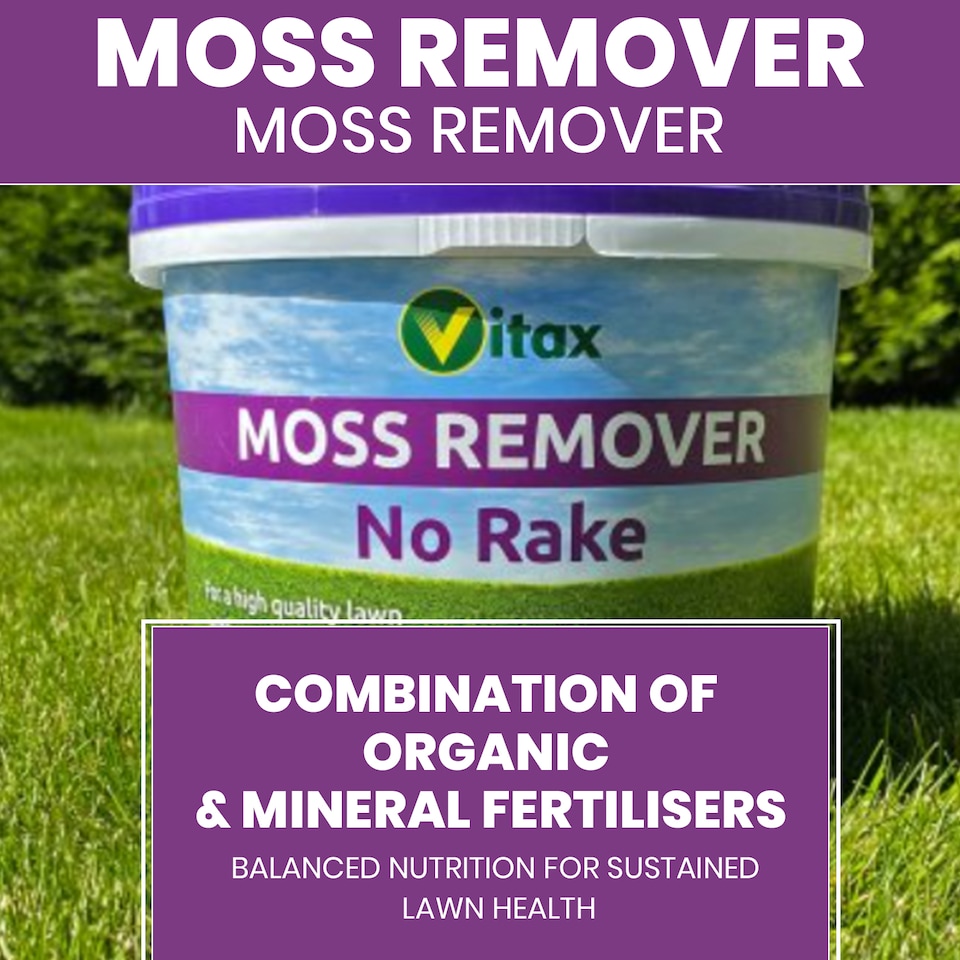 image 1 of Vitax Moss Remover 100 square meter Tub Lawn Fertiliser for Moss Removal & Feeding Greener Lawn No Rake 12 Week Feed UK Lawn Coe