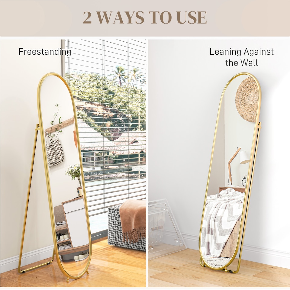image 1 of HOMCOM 40  160cm Full Length Mirror, Floor Standing or Leaning Against Wall Tall Mirror with Support Frame, Oval Full Body Mirror for Bedroom, Living Room, Gold Tone
