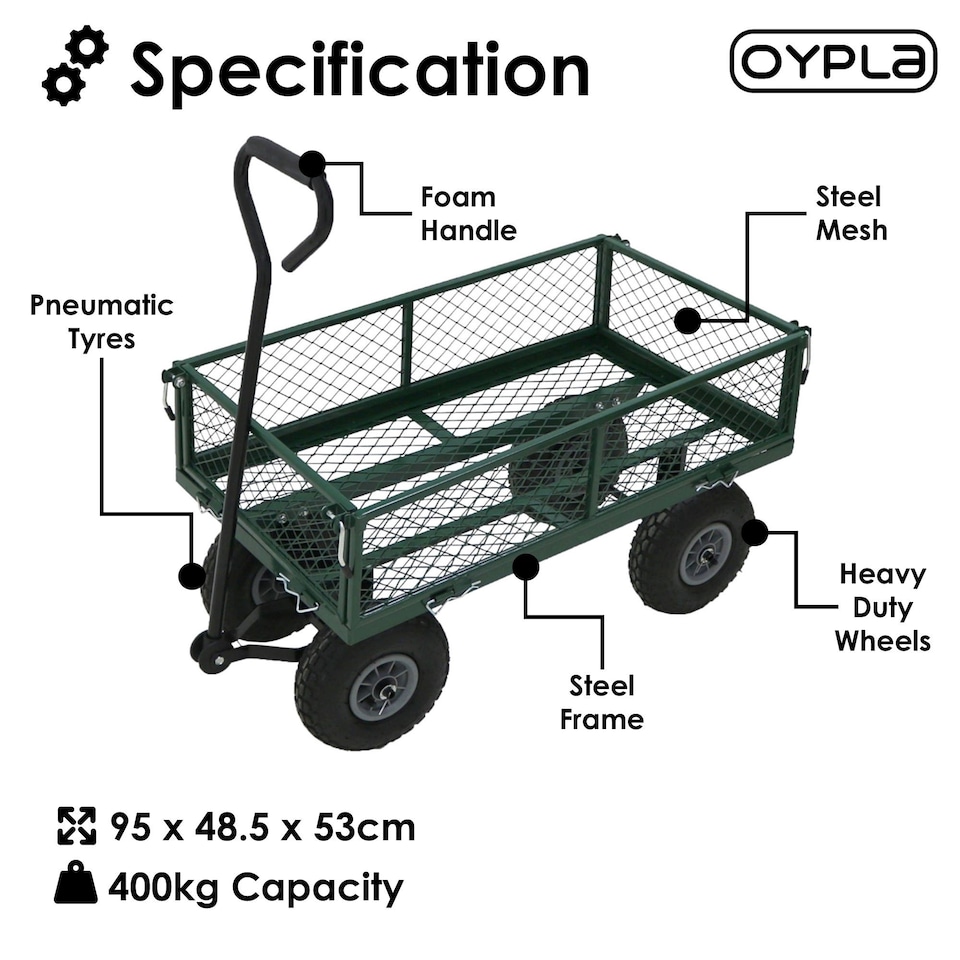 image 1 of Heavy Duty Metal Gardening Trolley - Green Trailer Cart